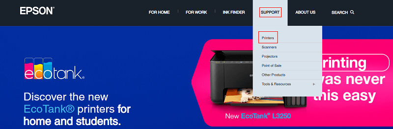 Klicken Sie auf der Epson-Homepage auf die Registerkarte „Support“ und wählen Sie „Drucker“.
