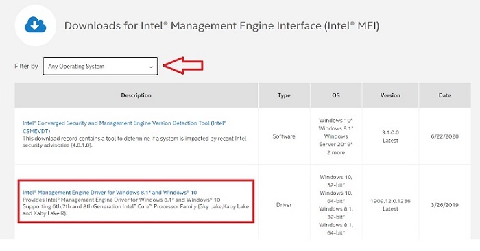 haga clic en el enlace Intel Management Engine Driver para Windows 8.1 y Windows 10