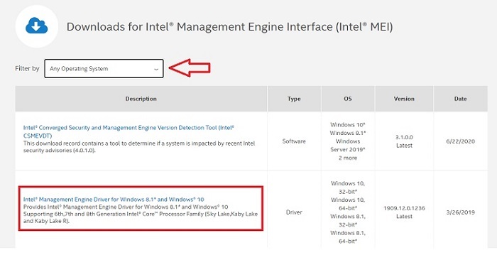 spustelėkite nuorodą „Intel Management Engine Driver“, skirta „Windows 8.1“ ir „Windows 10“.