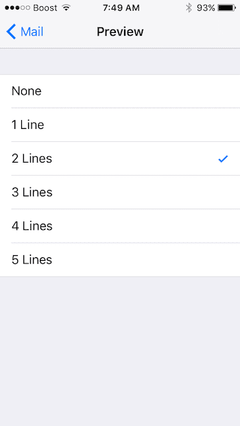 Opciones de vista previa de correo de iOS 10