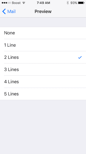 iOS 10:n sähköpostin esikatseluasetukset