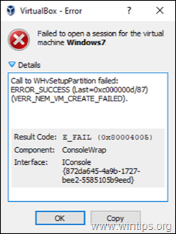 POPRAVI napako VirtualBox: klic na WHvSetupPartition ni uspel: ERROR_SUCCESS 