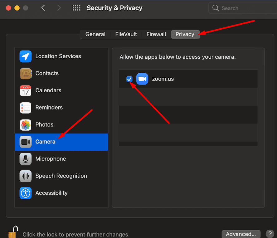 sekretessinställningar för mac-kamera