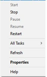 щелкните его правой кнопкой мыши, чтобы остановить или перезапустить службу