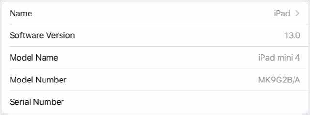 „iPad mini“ puslapyje „Apie“ iš „Nustatymų“.