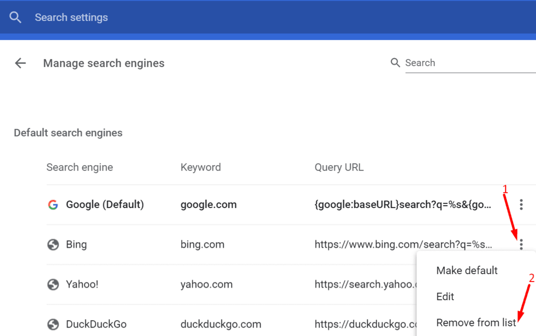 remover configurações do mecanismo de pesquisa bing