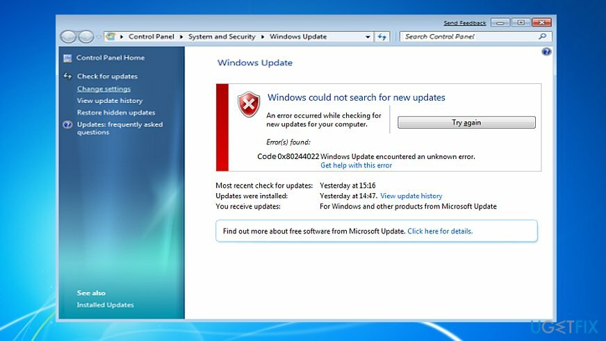 Исправить ошибку Windows Update 0x80244022
