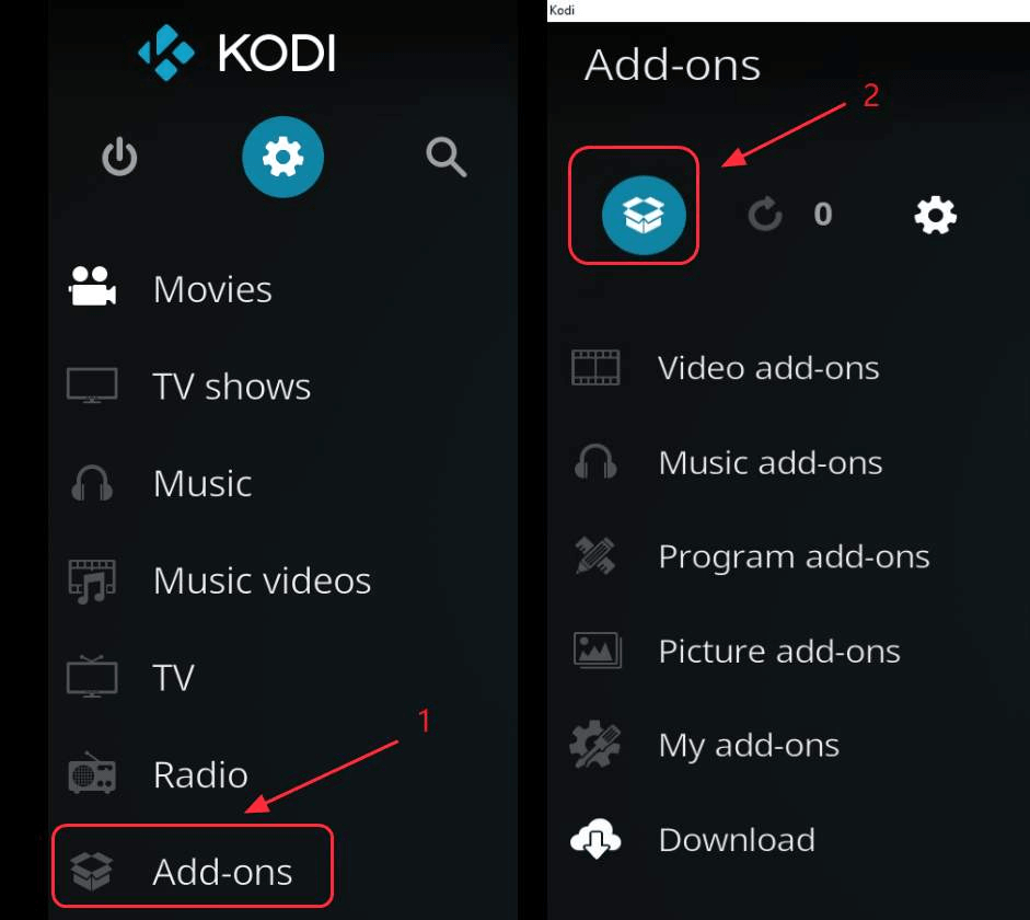 Atsisiųskite „Exodus Kodi Bae“ saugyklą savo kompiuteryje ir eikite į „Kodi“ platformos skirtuką „Priedai“.