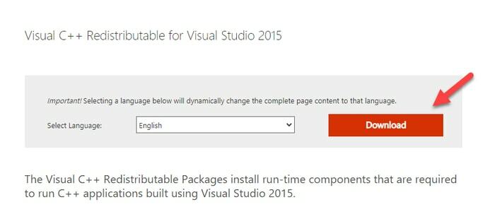 Descărcați Microsoft Visual C++ 2015 Redistributable pentru Visual Studio