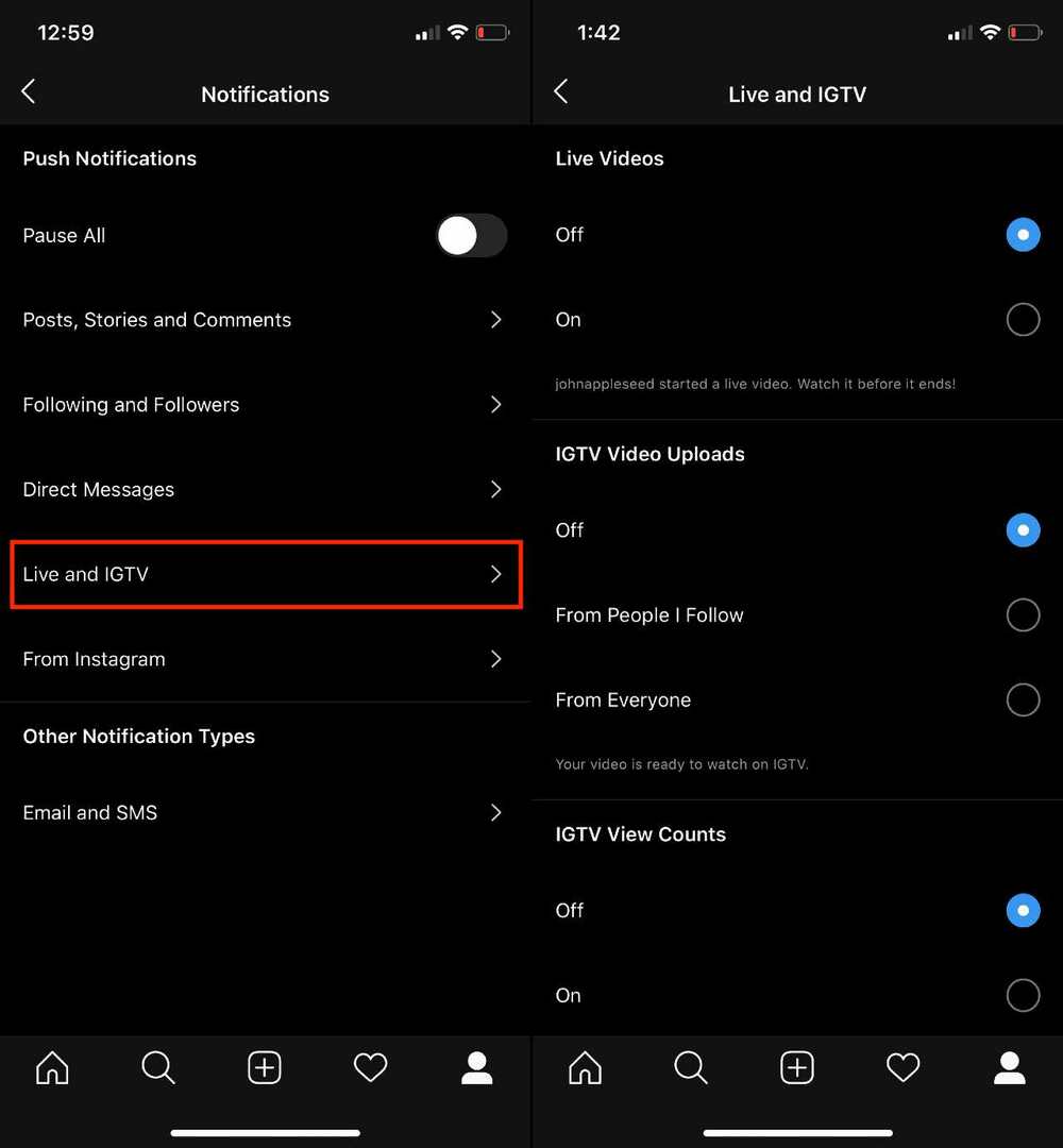 इंस्टाग्राम लाइव और IGTV सेटिंग्स
