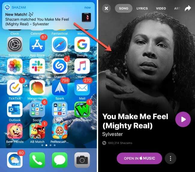 Auto Shazam Alert og sang på iPhone