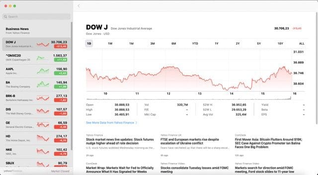 Stocks의 검색창 기능을 보여 주는 스크린샷