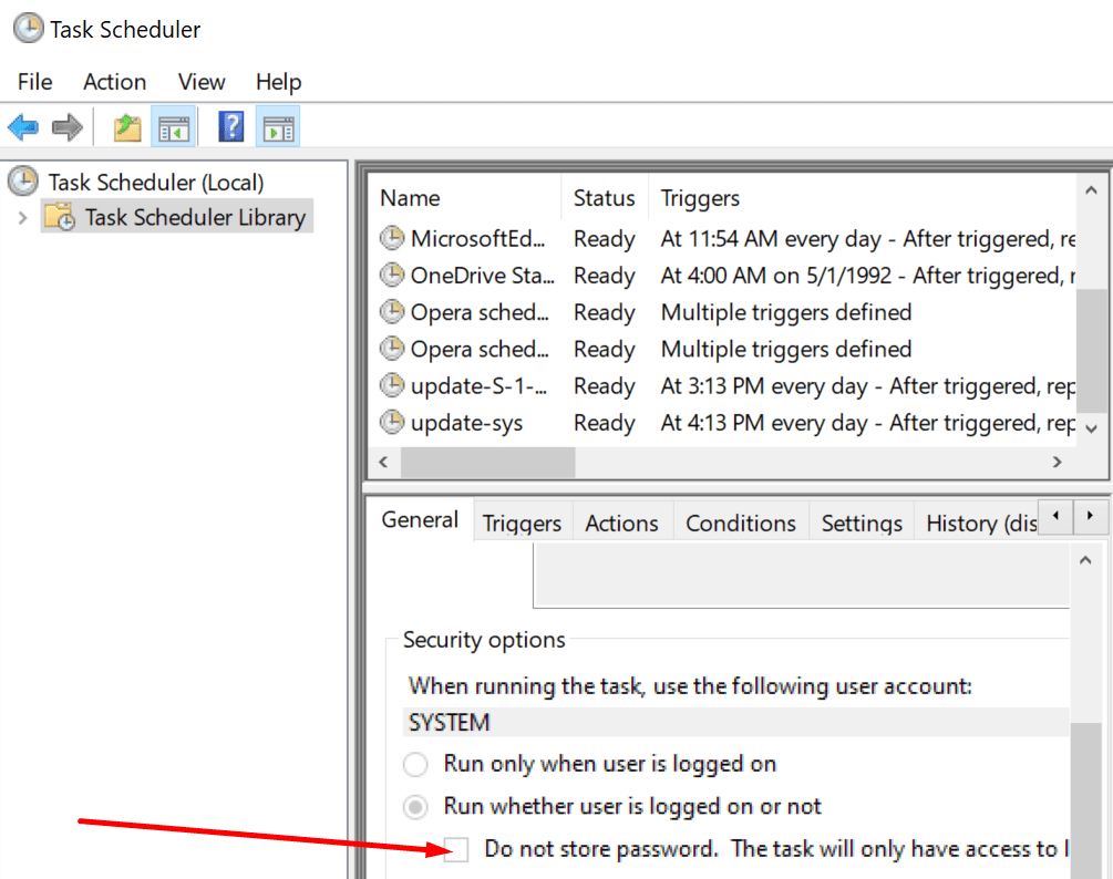 टास्क शेड्यूलर पासवर्ड स्टोर न करें