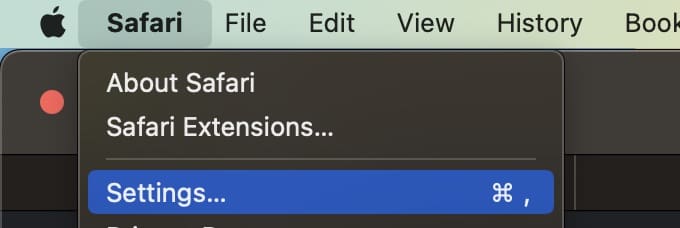 Στιγμιότυπο οθόνης που δείχνει το κουμπί Ρυθμίσεις στο Safari