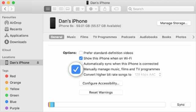 Gerenciar manualmente a opção de música nas configurações do Finder iPhone