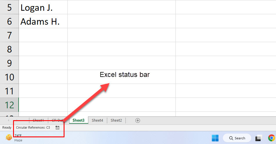 Visar cirkulära referenser i Excel Status Bar