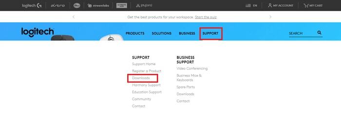 Klicka på supportfliken och välj nedladdningar från Logitechs officiella webbplats