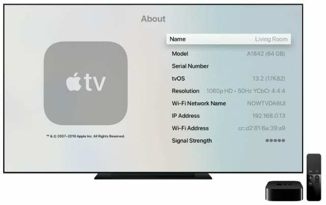 Stránka O Apple TV s verzí softwaru
