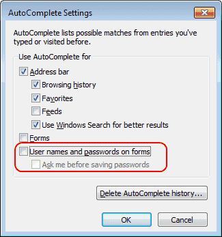 Configurações de preenchimento automático do IE - configuração de nomes de usuário e senhas