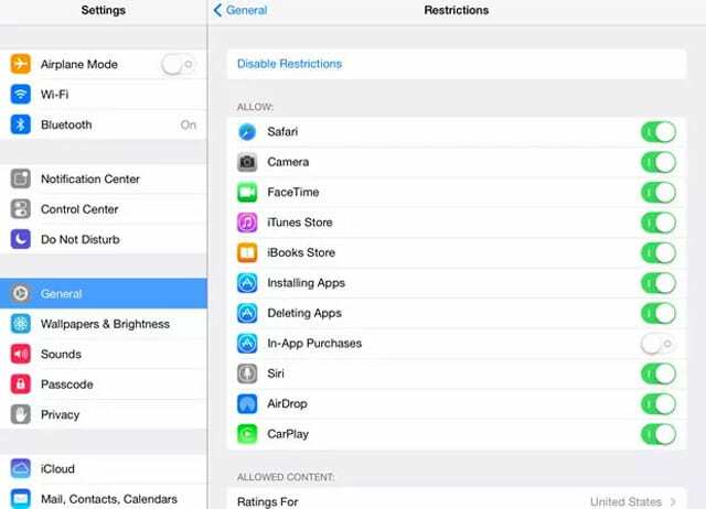 Korlátozások menü iOS 11 és régebbi verziókban