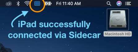airplay ხატულა, რომელიც მიუთითებს იმაზე, რომ Sidecar-მა დააკავშირა iPad Mac-თან
