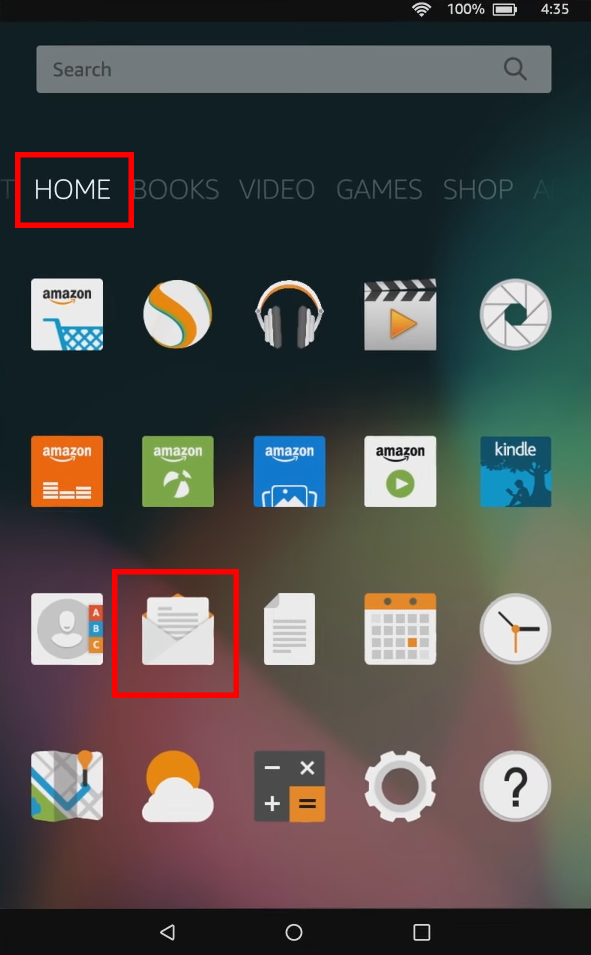 Een screenshot van het pictogram van de Amazon Fire OS Email-app