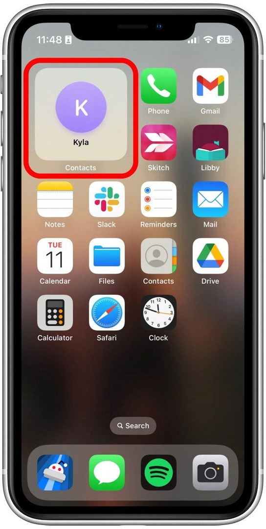 Screenshot della schermata Home di iPhone con il widget dei contatti evidenziato