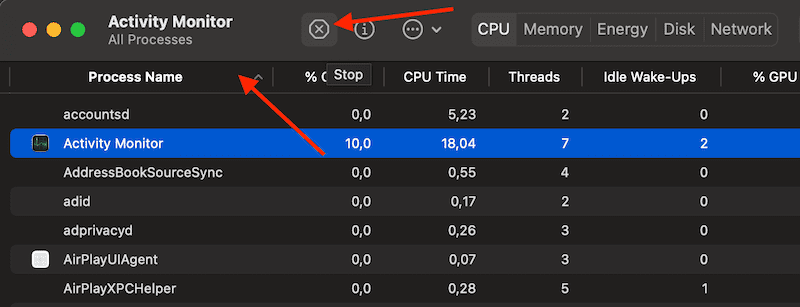 Proceso de detención del Monitor de actividad de MacOS