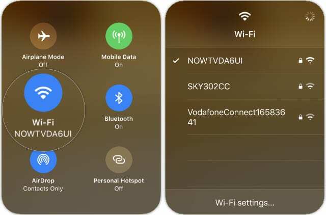 ตัวเลือกเครือข่าย Wi-Fi ในศูนย์ควบคุม