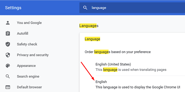 Paramètres de langue de l'interface utilisateur Chrome