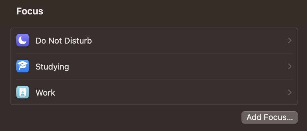 Снимок экрана, показывающий, как добавить режимы фокусировки в macOS