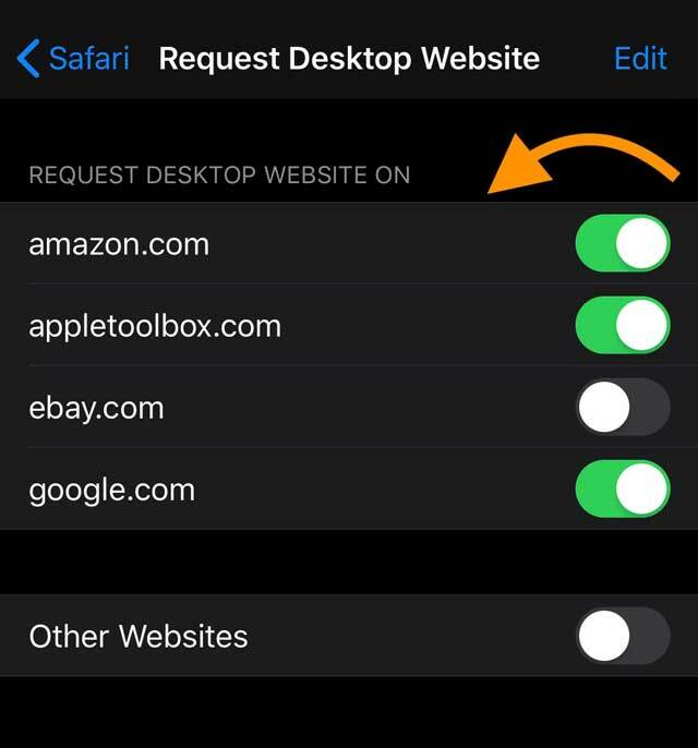 schakel specifieke sites uit voor weergave in desktopmodus in Safari iOS 13