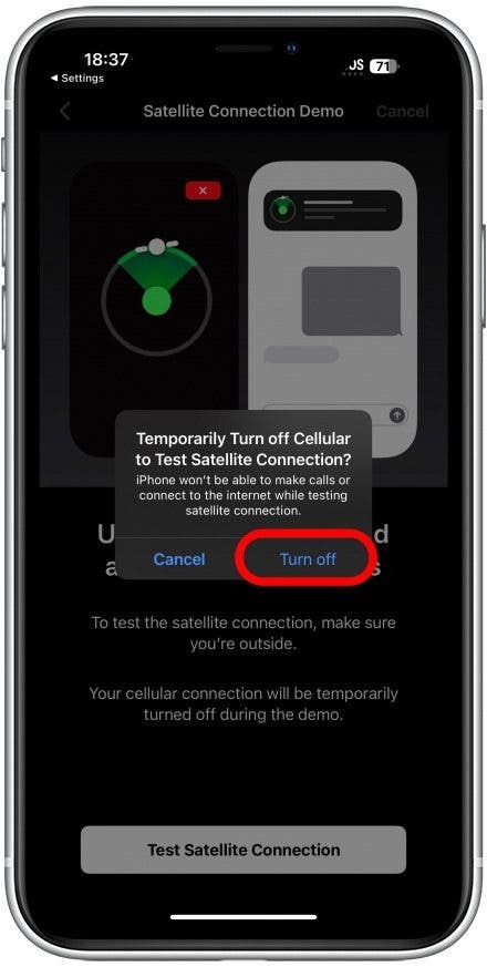 Du må bekrefte å slå av mobilnettet midlertidig for å teste tilkoblingen til en satellitt.