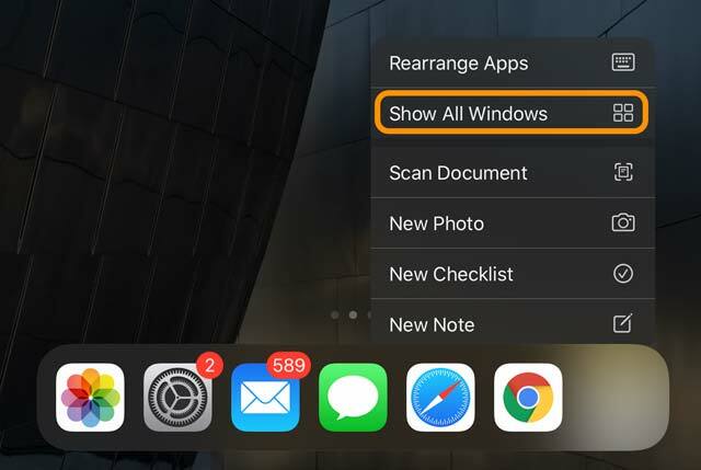 L'opzione Mostra tutte le finestre nell'app per iPad espone l'azione rapida