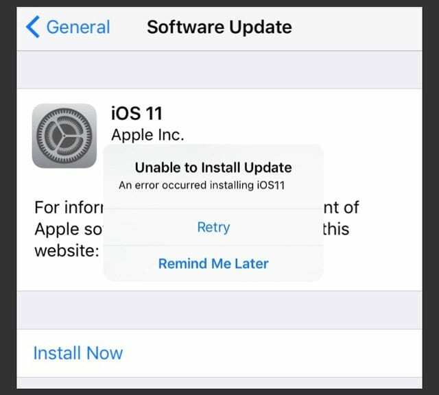 Fel uppstod vid installation av iOS 11, hur man fixar