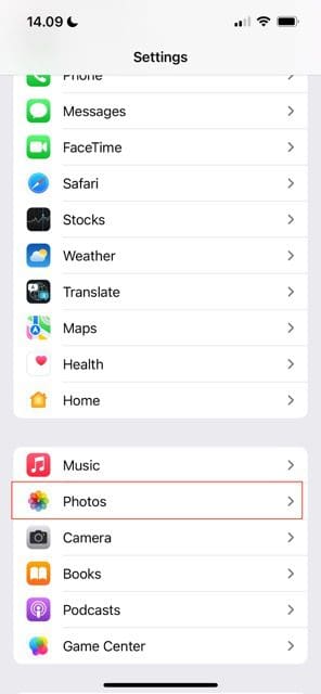 צילום מסך המציג את לשונית התמונות בהגדרות האייפון שלך