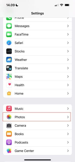 capture d'écran montrant l'onglet photos dans les paramètres de votre iphone
