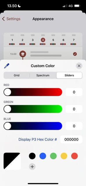 Screenshot, der zeigt, wie Farben in der strukturierten App angepasst werden