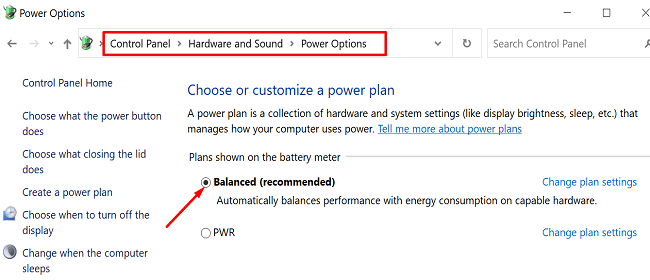 configuración del plan de energía de Windows 10