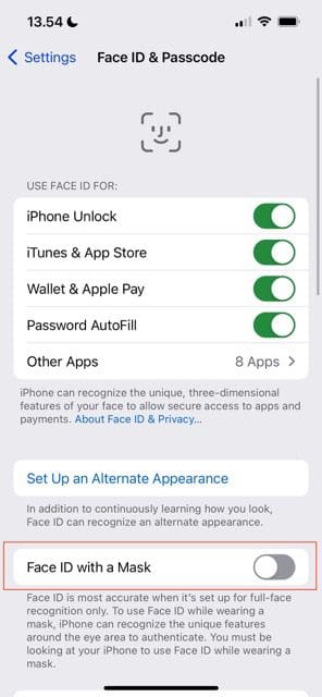 iOS で顔 ID を使用するオプションを示すスクリーンショット