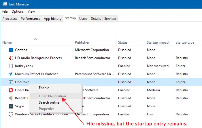 कार्य प्रबंधक स्टार्टअप टैब मृत प्रविष्टियाँ - onedrive