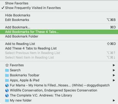 Lägg till bokmärken för öppna flikar Safari Mac
