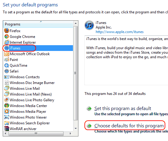 Win7 Varsayılan seçenekleri ayarlamak için programı seçin