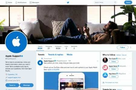 Снимак екрана Твиттер странице за Аппле подршку