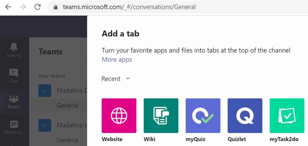 új lap hozzáadása microsoft teams web