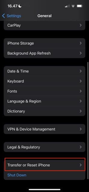 képernyőkép, amely bemutatja az iphone-beállítások átvitelét vagy visszaállítását