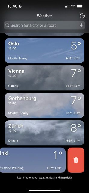 Екранна снимка, показваща как да изтриете местоположение в приложението Weather