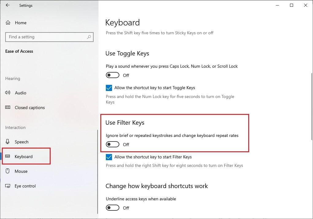 ปิดการสลับใน Use Filter Keys Section