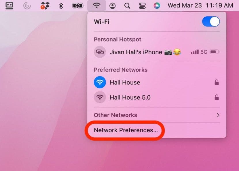 Забравете Wi-Fi мрежа стъпка 2 - Мрежови предпочитания