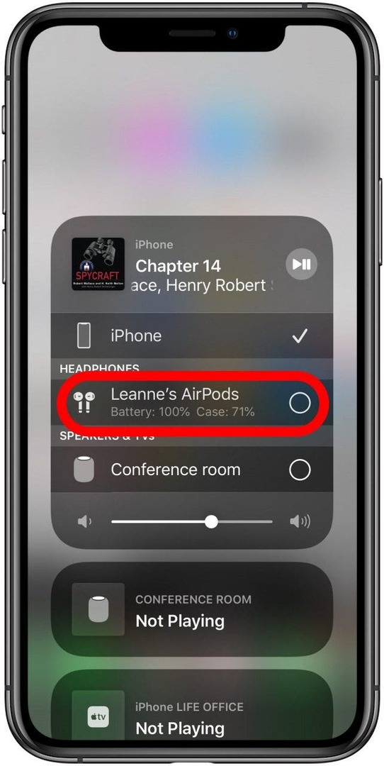 AirPod 건너뛰기: AirPod가 강조 표시된 iPhone AirPlay 메뉴